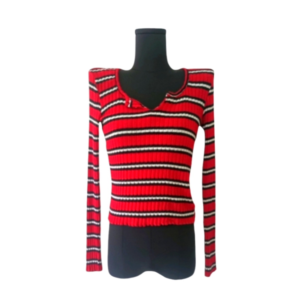 5/$25 Red, Black, and White Ribbed Striped Long Sleeve Crop Sweater